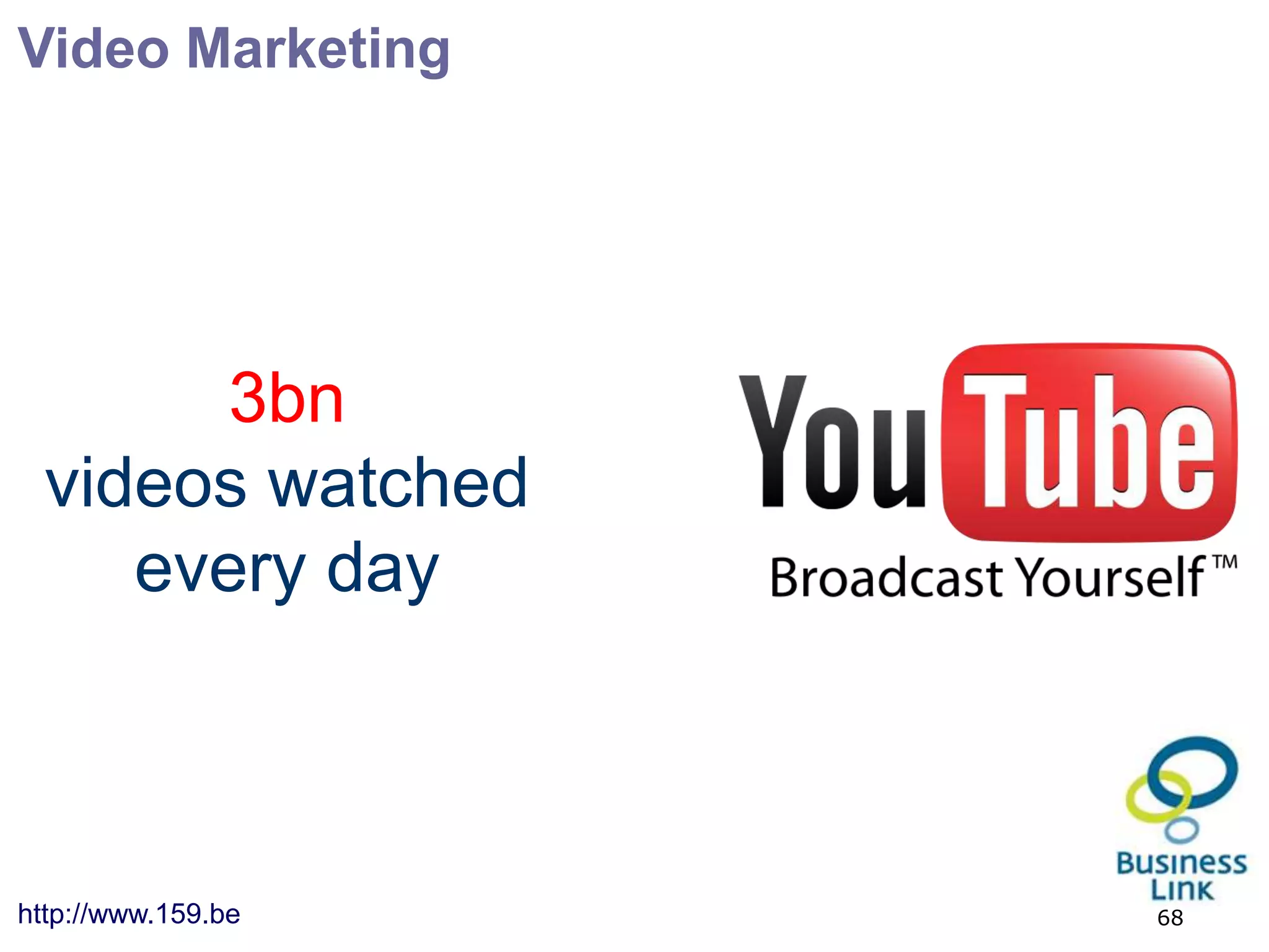 Video Marketing




        3bn
  videos watched
     every day



http://www.159.be   68
 