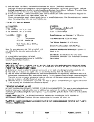 f) Hold the Starter Test Switch; the Starter should engage and spin up. Observe the meter reading.
   Check the no-load current draw against the published starter specifications. Do not over rev the Starter. Limit the
   test to 2 seconds to allow time for the meter to stabilize and indicate the condition of the Starter. The meter should
   initially read low and then ramp up to the current indicated in the specifications.
g) If the LOW VOLTAGE LED turns on and an audible alarm is detected, the starter is either shorted or the power line
   voltage to the test bench is too low to perform a valid test.
   Should you suspect low supply voltage, have it checked by a qualified electrician. Use of an extension cord may also
   cause the supply voltage to the test bench to be too low.

TYPICAL TEST SPECIFICATIONS:

ALTERNATORS:                                                      STARTERS:
Output Voltage:                                                   Delco Passenger with Solenoid:
12 Volt Alternators 13.8 to 15.5 Volts                            5 MT 70 to 100 Amps.
24 Volt Alternators 26.5 to 30.0 Volts                            10 MT 100 to 125 Amps.

Tester LEDs:    DIODE        Off                                  Delco Passenger w/o Solenoid: 7 to 100 Amps.
                TRIO         Off
                ALT.         OFF or on low                        Ford With Solenoid: 100 to 125 Amps.
                STATOR*      May Be ON
                                                                  Ford Without Solenoid: 60 to 90 Amps.
                *Only if Yellow Clip or DN Plug
                Connected                                         Chrysler Gear Reduction: 70 to 125 Amps.

Note: For some alternators, the TRIO or the ALT. LED              Solenoids With Ignition Terminal (R): Ignition LED
may light when the alternator is connected, but not               should be on.
rotating.
                                                                  Other Starter Specifications: For other starter
OTHER ALTERNATOR SPECIFICATIONS:                                  specifications, refer to the OEM or rebuilder's published
For other Alternator specifications, refer to the OEM or          specifications.
rebuilder's published specifications.

MAINTENANCE
CAUTION: DO NOT ATTEMPT ANY MAINTENANCE BEFORE UNPLUGGING THE LINE PLUG
FROM THE POWER RECEPTACLE!
a) Extreme care should be taken not break any components or wire leads when doing any maintenance to the unit.
b) Test leads can be cleaned and kept in a like new condition by cleaning them with petroleum jelly.
c) The Test Bench has been designed for a long life of trouble free service and requires only the minimum amount of
   maintenance to assure many years of dependable service. Good housekeeping techniques will insure dependability.
   The meter lens can be cleaned with a damp, clean rag utilizing a mild dish washing detergent/water solution. The
   case can be cleaned with a furniture grade spray wax.
d) The motor should be lubricated once a year with a few drops of light oil. Some testers may be supplied with sealed
   “Oilite” bushings and in this case, no lubrication is required.

TROUBLESHOOTING GUIDE
BEFORE YOU CALL FOR SERVICE, PROCEED WITH THE FOLLOWING TESTS. This tester is designed so that many
functional tests may be made without the need for additional test equipment. If a portion of the tester appears to
malfunction, proceed according to the following chart. For purposes of this guide, the Bench Tester may be divided into
two sections:
POWER PANEL SECTION - The left hand portion above the belt guard containing the On/Off Switches, etc.
METER PANEL SECTION - The larger right hand portion containing the meter, A/B switch, etc.

WARNING: UNDER NO CIRCUMSTANCES SHOULD THE UNIT BE DISASSEMBLED WITH THE UNIT PLUG TO
THE WALL RECEPTACLE.




               PROBLEM                                     TEST                              POSSIBLE CAUSE


                                                            5
 