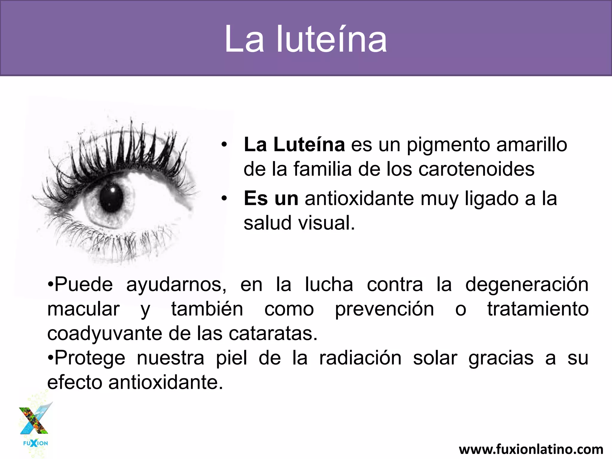 www.fuxionlatino.com
La luteína
• La Luteína es un pigmento amarillo
de la familia de los carotenoides
• Es un antioxidante muy ligado a la
salud visual.
•Puede ayudarnos, en la lucha contra la degeneración
macular y también como prevención o tratamiento
coadyuvante de las cataratas.
•Protege nuestra piel de la radiación solar gracias a su
efecto antioxidante.
 