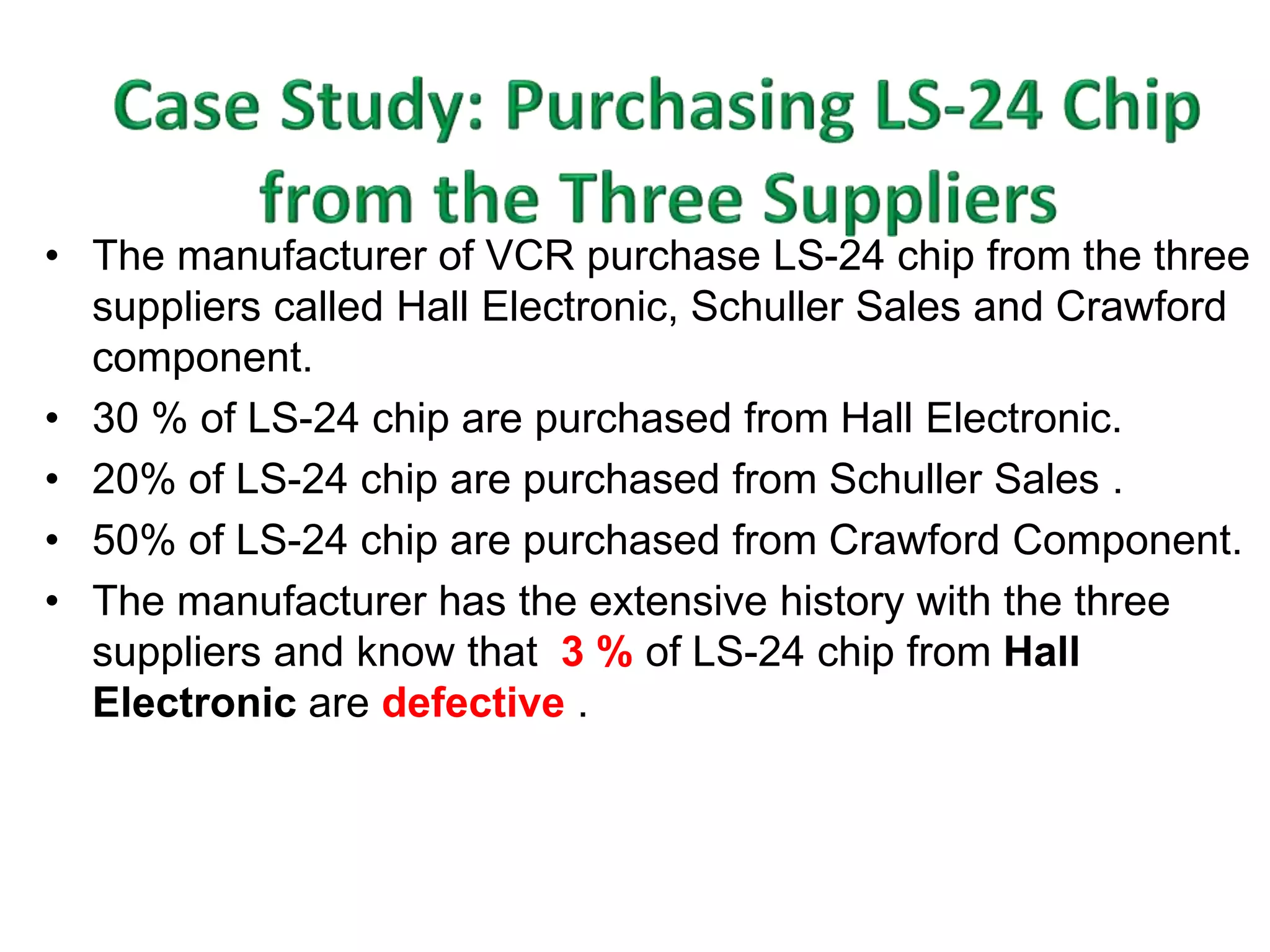 • The manufacturer of VCR purchase LS-24 chip from the three 
suppliers called Hall Electronic, Schuller Sales and Crawford 
component. 
• 30 % of LS-24 chip are purchased from Hall Electronic. 
• 20% of LS-24 chip are purchased from Schuller Sales . 
• 50% of LS-24 chip are purchased from Crawford Component. 
• The manufacturer has the extensive history with the three 
suppliers and know that 3 % of LS-24 chip from Hall 
Electronic are defective . 
 