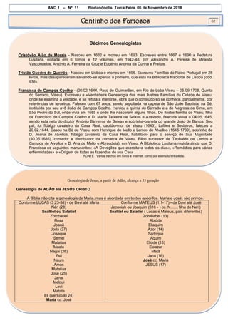 ANO 1 – Nº 11 Florianópolis, Terça Feira, 06 de Novembro de 2018
Cantinho dos Famosos 02
Décimos Genealogistas
Cristóvão Alão de Morais - Nasceu em 1632 e morreu em 1693. Escreveu entre 1667 e 1690 a Pedatura
Lusitana, editada em 6 tomos e 12 volumes, em 1942-48, por Alexandre A. Pereira de Miranda
Vasconcelos, António A. Ferreira da Cruz e Eugénio Andrea da Cunha e Freitas.
Tristão Guedes de Queirós - Nasceu em Lisboa e morreu em 1696. Escreveu Famílias do Reino Portugal em 28
livros, mas desapareceram salvando-se apenas o primeiro, que está na Biblioteca Nacional de Lisboa (cód.
978).
Francisca de Campos Coelho - (20.02.1644, Paço de Guimarães, em Rio de Loba Viseu – 05.09.1708, Quinta
do Serrado, Viseu). Escreveu a «Verdadeira Genealogia das mais ilustres Famílias da Cidade de Viseu,
onde se examina a verdade, e se refuta a mentira», obra que o conteúdo só se conhece, parcialmente, por
referências de terceiros. Faleceu com 67 anos, sendo sepultada na capela de São João Baptista, na Sé,
instituída por seu avô João de Campos Coelho. Herdou a quinta do Serrado e a de Negrosa de Cima, em
São Pedro do Sul, onde vivia em 1685 e onde lhe nasceram alguns filhos. De ilustre família de Viseu, filha
de Francisco de Campos Coelho e D. Maria Teixeira de Seixas e Azevedo, falecida viúva a 04.05.1645,
sendo esta neta do doutor António Barreiros de Seixas e sobrinha-bisneta do grande João de Barros. Seu
pai, foi fidalgo cavaleiro da Casa Real, capitão-mor de Viseu (1643), Lafões e Besteiros, faleceu a
20.02.1644. Casou na Sé de Viseu, com Henrique de Mello e Lemos de Alvellos (1646-1700), sobrinho de
D. Joana de Alvellos, fidalgo cavaleiro da Casa Real, habilitado para o serviço de Sua Majestade
(30.05.1685), contador e distribuidor da comarca de Viseu. Filho sucessor de Teobaldo de Lemos e
Campos de Alvellos e D. Ana de Mello e Abreudeia), em Viseu. A Biblioteca Lusitana regista ainda que D.
Francisca os seguintes manuscritos: «A Devoções que exercitava todos os dias», «Remédios para várias
enfermidades» e «Origem de todas as fazendas de sua Casa
FONTE : Vários trechos em livros e internet, como por exemplo Wikipédia.
Continua no próximo número
Genealogia de Jesus, a partir de Adão, alcança a 33 geração
Genealogia de ADÃO até JESUS CRISTO
A Bíblia não cita a genealogia de Maria, mas é abordada em textos apócrifos. Maria e José, são primos.
Conforme LUCAS (3:23-38) - de Davi até Maria Conforme MATEUS (1:1-17) - de Davi até José
Néri (28)
Sealtiel ou Salatiel
Zorobabel
Resa
Joanã
Jodá (27)
Joseque
Semei
Matatias
Maate
Nagai (26)
Esli
Naum
Amós
Matatias
José (25)
Janai
Melqui
Levi
Matate
Eli (Versículo 24)
Maria cc. José
Jeconiah ou Joaquim (616 - ) cc. N......, filha de Neri)
Sealtiel ou Salatiel ( Lucas e Mateus, pais diferentes)
Zorobabel (13)
Abiúde
Eliaquim
Azor (14)
Sadoque
Aquim
Eliúde (15)
Eleazar
Matã
Jacó (16)
José cc. Maria
JESUS (17)
FONTE : Vários pedaços de textos da internet. Continua no próximo número
 