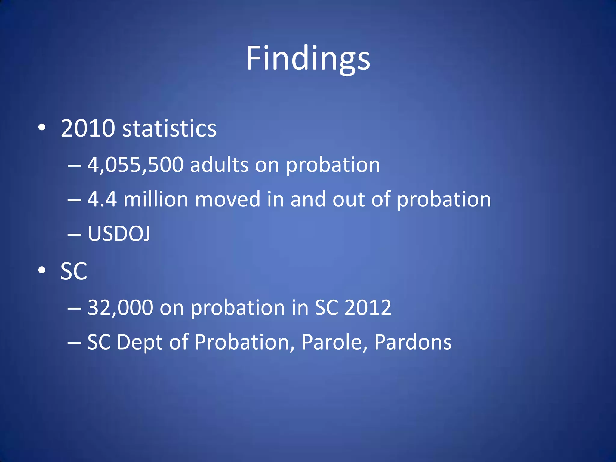 Findings
• 2010 statistics
  – 4,055,500 adults on probation
  – 4.4 million moved in and out of probation
  – USDOJ
• SC
  – 32,000 on probation in SC 2012
  – SC Dept of Probation, Parole, Pardons
 