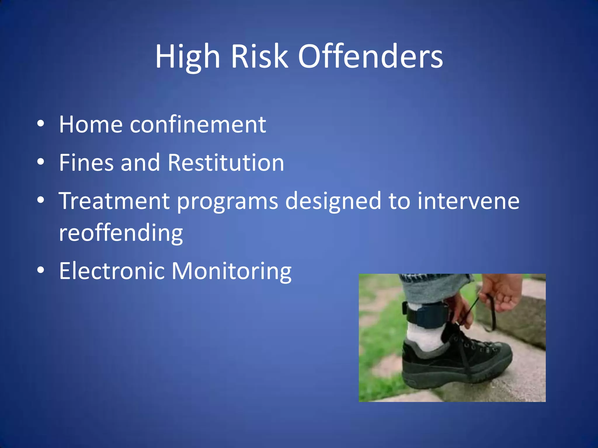 High Risk Offenders
• Home confinement
• Fines and Restitution
• Treatment programs designed to intervene
  reoffending
• Electronic Monitoring
 