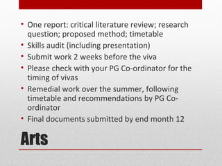 • One report: critical literature review; research
  question; proposed method; timetable
• Skills audit (including presentation)
• Submit work 2 weeks before the viva
• Please check with your PG Co-ordinator for the
  timing of vivas
• Remedial work over the summer, following
  timetable and recommendations by PG Co-
  ordinator
• Final documents submitted by end month 12

Arts
 