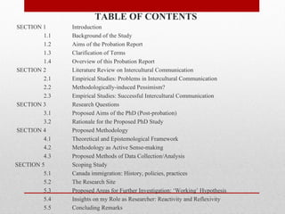 TABLE OF CONTENTS
SECTION 1      Introduction
         1.1   Background of the Study
         1.2   Aims of the Probation Report
         1.3   Clarification of Terms
         1.4   Overview of this Probation Report
SECTION 2      Literature Review on Intercultural Communication
         2.1   Empirical Studies: Problems in Intercultural Communication
         2.2   Methodologically-induced Pessimism?
         2.3   Empirical Studies: Successful Intercultural Communication
SECTION 3      Research Questions
         3.1   Proposed Aims of the PhD (Post-probation)
         3.2   Rationale for the Proposed PhD Study
SECTION 4      Proposed Methodology
         4.1   Theoretical and Epistemological Framework
         4.2   Methodology as Active Sense-making
         4.3   Proposed Methods of Data Collection/Analysis
SECTION 5      Scoping Study
         5.1   Canada immigration: History, policies, practices
         5.2   The Research Site
         5.3   Proposed Areas for Further Investigation: ‘Working’ Hypothesis
         5.4   Insights on my Role as Researcher: Reactivity and Reflexivity
         5.5   Concluding Remarks
 