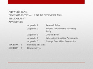 PhD WORK PLAN
DEVELOPMENT PLAN: JUNE TO DECEMBER 2009
BIBLIOGRAPHY
APPENDICES
              Appendix 1        Research Table
              Appendix 2        Request to Undertake a Scoping
                                Study
              Appendix 3        Consent Form
              Appendix 4        Information Sheet for Participants
              Appendix 5        Excerpt from MRes Dissertation
SECTION 6     Summary of Skills
SECTION 7     Research Flyer
 