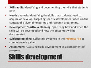 •   Skills audit: Identifying and documenting the skills that students
    have.
•   Needs analysis: Identifying the skills that students need to
    acquire or develop. Targeting specific development needs in the
    context of a given time period and research programme.
•   Development/Portfolio planning: Specifying how and when the
    skills will be developed and how the outcomes will be
    documented.
•   Evidence Building: Collecting evidence in the Progress File as
    competence is gained.
•   Assessment: Assessing skills development as a component of
    progress.

    Skills development
 
