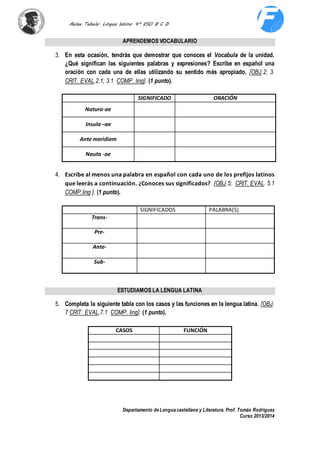 Aulae Tabula. Lingua latina. 4º ESO B C D 
Departamento de Lengua castellana y Literatura. Prof. Tomás Rodríguez 
Curso 2013/2014 
APRENDEMOS VOCABULARIO 
3. En esta ocasión, tendrás que demostrar que conoces el Vocabula de la unidad. 
¿Qué significan las siguientes palabras y expresiones? Escribe en español una 
oración con cada una de ellas utilizando su sentido más apropiado. [OBJ.2; 3. 
CRIT. EVAL.2.1; 3.1 COMP. ling]. (1 punto). 
SIGNIFICADO ORACIÓN 
Natura-ae 
Insula –ae 
Ante meridiem 
Nauta -ae 
4. Escribe al menos una palabra en español con cada uno de los prefijos latinos 
que leerás a continuación. ¿Conoces sus significados? [OBJ.5; CRIT. EVAL. 5.1 
COMP.ling ]. (1 punto). 
SIGNIFICADOS PALABRA(S) 
Trans- 
Pre- 
Ante- 
Sub- 
ESTUDIAMOS LA LENGUA LATINA 
5. Completa la siguiente tabla con los casos y las funciones en la lengua latina. [OBJ. 
7 CRIT. EVAL.7.1 COMP. ling]. (1 punto). 
CASOS FUNCIÓN 
 