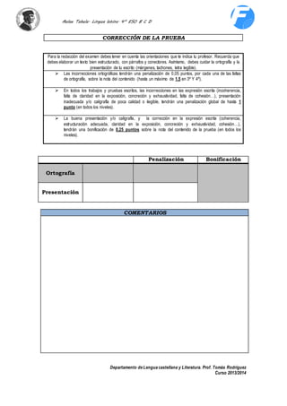 Aulae Tabula. Lingua latina. 4º ESO B C D 
Departamento de Lengua castellana y Literatura. Prof. Tomás Rodríguez 
Curso 2013/2014 
CORRECCIÓN DE LA PRUEBA 
Para la redacción del examen debes tener en cuenta las orientaciones que te indica tu profesor. Recuerda que 
debes elaborar un texto bien estructurado, con párrafos y conectores. Asímismo, debes cuidar la ortografía y la 
presentación de tu escrito (márgenes, tachones, letra legible). 
 Las incorrecciones ortográficas tendrán una penalización de 0,05 puntos, por cada una de las faltas 
de ortografía, sobre la nota del contenido (hasta un máximo de 1,5 en 3º Y 4º). 
 En todos los trabajos y pruebas escritos, las incorrecciones en las expresión escrita (incoherencia, 
falta de claridad en la exposición, concreción y exhaustividad, falta de cohesión…), presentación 
inadecuada y/o caligrafía de poca calidad o ilegible, tendrán una penalización global de hasta 1 
punto (en todos los niveles). 
 La buena presentación y/o caligrafía, y la corrección en la expresión escrita (coherencia, 
estructuración adecuada, claridad en la exposición, concreción y exhaustividad, cohesión…), 
tendrán una bonificación de 0,25 puntos sobre la nota del contenido de la prueba (en todos los 
niveles). 
Penalización Bonificación 
Ortografía 
Presentación 
COMENTARIOS 
 