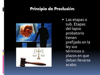 Principio de Preclusión:
 Las etapas o
sub. Etapas
del lapso
probatorio
tienen
prefijado en la
ley sus
términos o
plazos en que
deban llevarse
acabo.
 