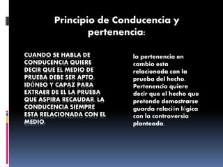 CUANDO SE HABLA DE
CONDUCENCIA QUIERE
DECIR QUE EL MEDIO DE
PRUEBA DEBE SER APTO,
IDÓNEO Y CAPAZ PARA
EXTRAER DE EL LA PRUEBA
QUE ASPIRA RECAUDAR. LA
CONDUCENCIA SIEMPRE
ESTA RELACIONADA CON EL
MEDIO,
Principio de Conducencia y
pertenencia:
la pertenencia en
cambio esta
relacionada con la
prueba del hecho.
Pertenencia quiere
decir que el hecho que
pretende demostrarse
guarda relación lógica
con la controversia
planteada.
 