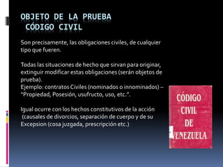 OBJETO DE LA PRUEBA
CÓDIGO CIVIL
Son precisamente, las obligaciones civiles, de cualquier
tipo que fueren.
Todas las situaciones de hecho que sirvan para originar,
extinguir modificar estas obligaciones (serán objetos de
prueba).
Ejemplo: contratosCiviles (nominados o innominados) –
“Propiedad, Posesión, usufructo, uso, etc.”.
Igual ocurre con los hechos constitutivos de la acción
(causales de divorcios, separación de cuerpo y de su
Excepsion (cosa juzgada, prescripción etc.)
 