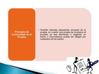 • También llamada adquisición procesal de la
prueba, en cuanto una prueba se incorpora al
proceso ya sea afirmando o negando un
hecho o circunstancia puede ser alegad por
cualquiera de las partes.
Principio de
Comunidad de la
Prueba
 