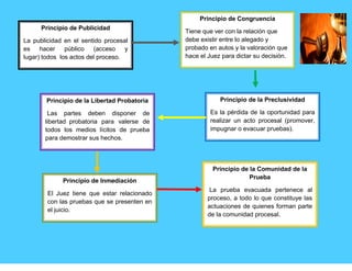Principio de Publicidad
La publicidad en el sentido procesal
es hacer público (acceso y
lugar) todos los actos del proceso.
Principio de Congruencia
Tiene que ver con la relación que
debe existir entre lo alegado y
probado en autos y la valoración que
hace el Juez para dictar su decisión.
Principio de la Preclusividad
Es la pérdida de la oportunidad para
realizar un acto procesal (promover,
impugnar o evacuar pruebas).
Principio de la Libertad Probatoria
Las partes deben disponer de
libertad probatoria para valerse de
todos los medios lícitos de prueba
para demostrar sus hechos.
Principio de Inmediación
El Juez tiene que estar relacionado
con las pruebas que se presenten en
el juicio.
Principio de la Comunidad de la
Prueba
La prueba evacuada pertenece al
proceso, a todo lo que constituye las
actuaciones de quienes forman parte
de la comunidad procesal.
 