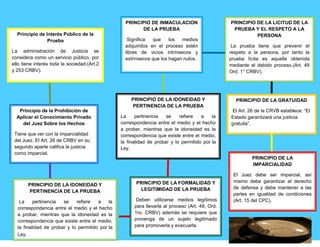 Principio de Interés Público de la
Prueba
La administración de Justicia se
considera como un servicio público, por
ello tiene interés toda la sociedad.(Art.2
y 253 CRBV).
Principio de la Prohibición de
Aplicar el Conocimiento Privado
del Juez Sobre los Hechos
Tiene que ver con la imparcialidad
del Juez. El Art. 26 de CRBV en su
segundo aparte califica la justicia
como imparcial.
PRINCIPIO DE LA IDONEIDAD Y
PERTINENCIA DE LA PRUEBA
La pertinencia se refiere a la
correspondencia entre el medio y el hecho
a probar, mientras que la idoneidad es la
correspondencia que existe entre el medio,
la finalidad de probar y lo permitido por la
Ley.
PRINCIPIO DE INMACULACION
DE LA PRUEBA
Significa que los medios
adquiridos en el proceso estén
libres de vicios intrínsecos y
extrínsecos que los hagan nulos.
PRINCIPIO DE LA IDONEIDAD Y
PERTINENCIA DE LA PRUEBA
La pertinencia se refiere a la
correspondencia entre el medio y el hecho
a probar, mientras que la idoneidad es la
correspondencia que existe entre el medio,
la finalidad de probar y lo permitido por la
Ley.
PRINCIPIO DE LA FORMALIDAD Y
LEGITIMIDAD DE LA PRUEBA
Deben utilizarse medios legítimos
para llevarla al proceso (Art. 49, Ord.
1ro. CRBV) además se requiere que
provenga de un sujeto legitimado
para promoverla y evacuarla.
PRINCIPIO DE LA LICITUD DE LA
PRUEBA Y EL RESPETO A LA
PERSONA
La prueba tiene que prevenir el
respeto a la persona, por tanto la
prueba lícita es aquella obtenida
mediante el debido proceso.(Art. 49
Ord. 1° CRBV).
PRINCIPIO DE LA GRATUIDAD
El Art. 26 de la CRVB establece: “El
Estado garantizará una justicia
gratuita”.
PRINCIPIO DE LA
IMPARCIALIDAD
El Juez debe ser imparcial, así
mismo debe garantizar el derecho
de defensa y debe mantener a las
partes en igualdad de condiciones
(Art. 15 del CPC).
 