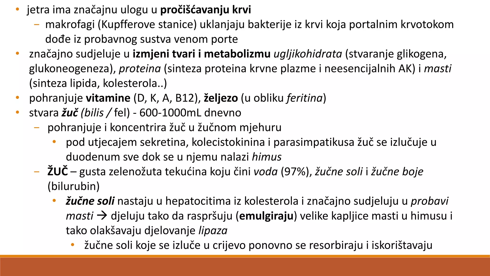• jetra ima značajnu ulogu u pročišdavanju krvi
− makrofagi (Kupfferove stanice) uklanjaju bakterije iz krvi koja portalnim krvotokom
dođe iz probavnog sustva venom porte
• značajno sudjeluje u izmjeni tvari i metabolizmu ugljikohidrata (stvaranje glikogena,
glukoneogeneza), proteina (sinteza proteina krvne plazme i neesencijalnih AK) i masti
(sinteza lipida, kolesterola..)
• pohranjuje vitamine (D, K, A, B12), željezo (u obliku feritina)
• stvara žuč (bilis / fel) - 600-1000mL dnevno
− pohranjuje i koncentrira žuč u žučnom mjehuru
• pod utjecajem sekretina, kolecistokinina i parasimpatikusa žuč se izlučuje u
duodenum sve dok se u njemu nalazi himus
− ŽUČ – gusta zelenožuta tekudina koju čini voda (97%), žučne soli i žučne boje
(bilurubin)
• žučne soli nastaju u hepatocitima iz kolesterola i značajno sudjeluju u probavi
masti  djeluju tako da raspršuju (emulgiraju) velike kapljice masti u himusu i
tako olakšavaju djelovanje lipaza
• žučne soli koje se izluče u crijevo ponovno se resorbiraju i iskorištavaju
 