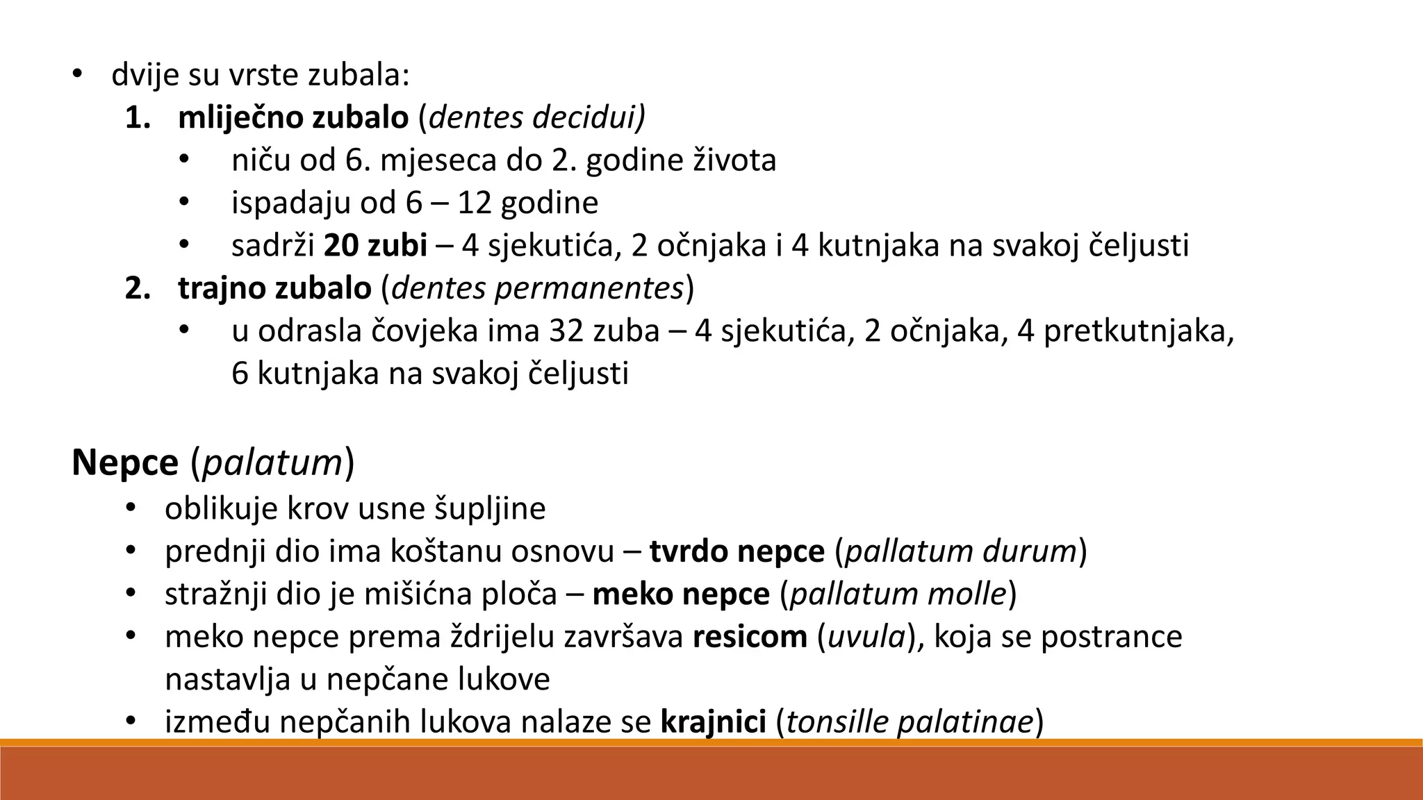 • dvije su vrste zubala:
1. mliječno zubalo (dentes decidui)
• niču od 6. mjeseca do 2. godine života
• ispadaju od 6 – 12 godine
• sadrži 20 zubi – 4 sjekutida, 2 očnjaka i 4 kutnjaka na svakoj čeljusti
2. trajno zubalo (dentes permanentes)
• u odrasla čovjeka ima 32 zuba – 4 sjekutida, 2 očnjaka, 4 pretkutnjaka,
6 kutnjaka na svakoj čeljusti
Nepce (palatum)
• oblikuje krov usne šupljine
• prednji dio ima koštanu osnovu – tvrdo nepce (pallatum durum)
• stražnji dio je mišidna ploča – meko nepce (pallatum molle)
• meko nepce prema ždrijelu završava resicom (uvula), koja se postrance
nastavlja u nepčane lukove
• između nepčanih lukova nalaze se krajnici (tonsille palatinae)
 