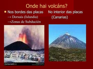 Onde hai volcáns? Nos bordes das placas  ->  Dorsais (Islandia) -> Zonas de Subdución No interior das placas (Canarias) 