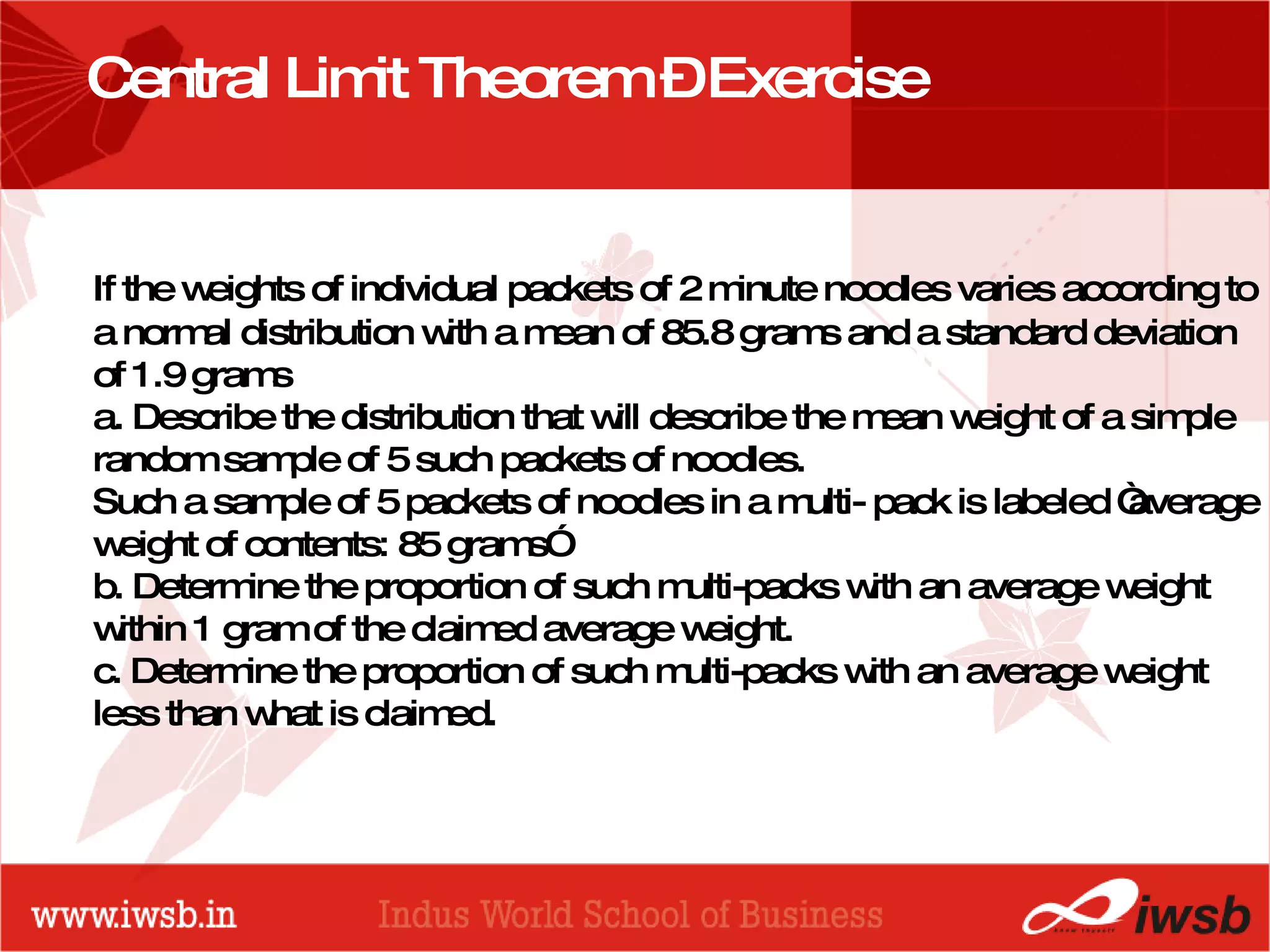 - the B-school Central Limit Theorem – Exercise  If the weights of individual packets of 2 minute noodles varies according to a normal distribution with a mean of 85.8 grams and a standard deviation of 1.9 grams a. Describe the distribution that will describe the mean weight of a simple random sample of 5 such packets of noodles. Such a sample of 5 packets of noodles in a multi- pack is labeled “average weight of contents: 85 grams” b. Determine the proportion of such multi-packs with an average weight within 1 gram of the claimed average weight. c. Determine the proportion of such multi-packs with an average weight less than what is claimed. 