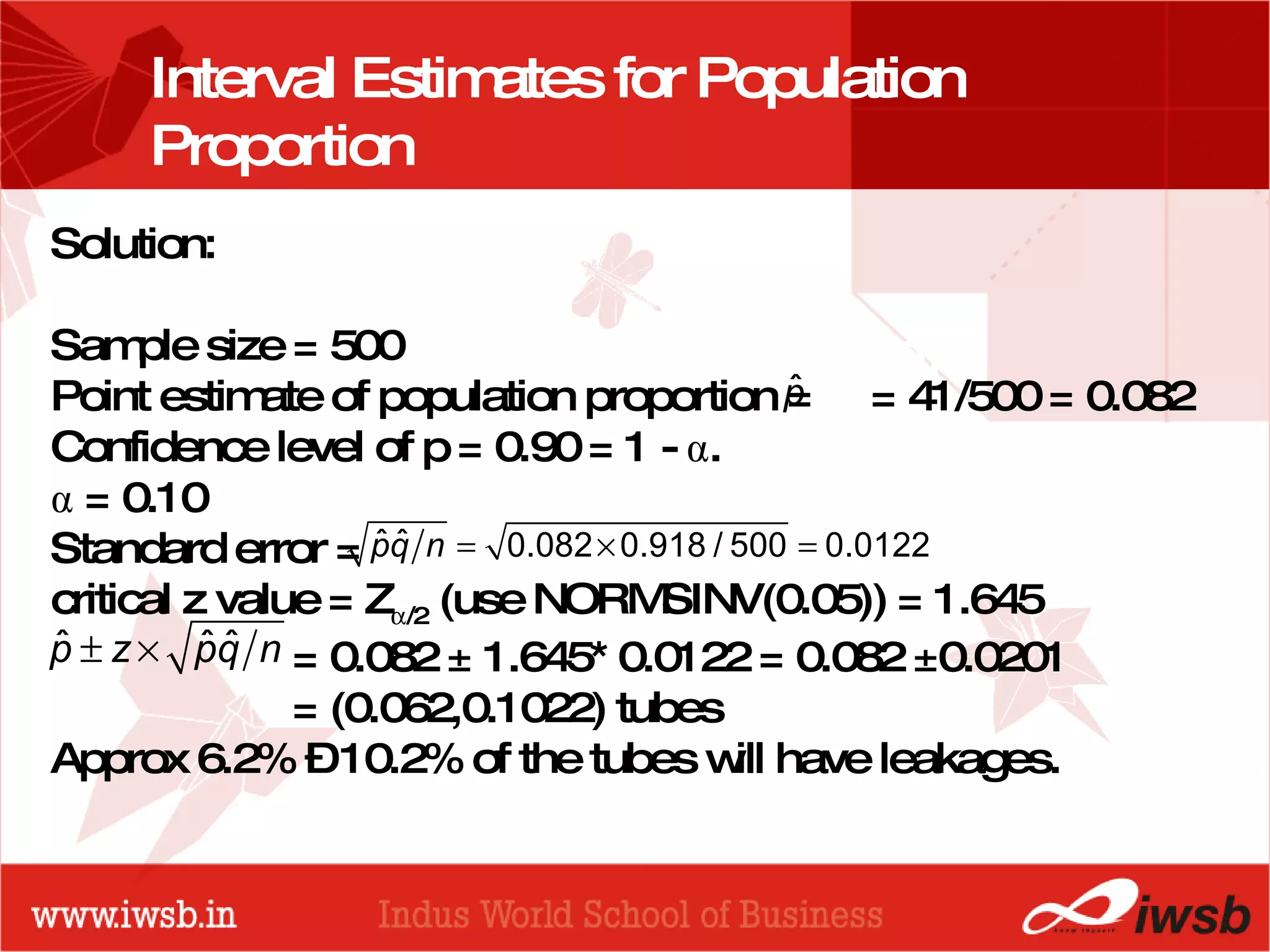 - the B-school Interval Estimates for Population Proportion Solution:  Sample size = 500 Point estimate of population proportion =  = 41/500 = 0.082 Confidence level of p = 0.90 = 1 -  α . α  = 0.10 Standard error = critical z value = Z  /2  (use NORMSINV(0.05)) = 1.645   = 0.082 ± 1.645* 0.0122 = 0.082 ±0.0201   = (0.062,0.1022) tubes Approx 6.2% – 10.2% of the tubes will have leakages. 