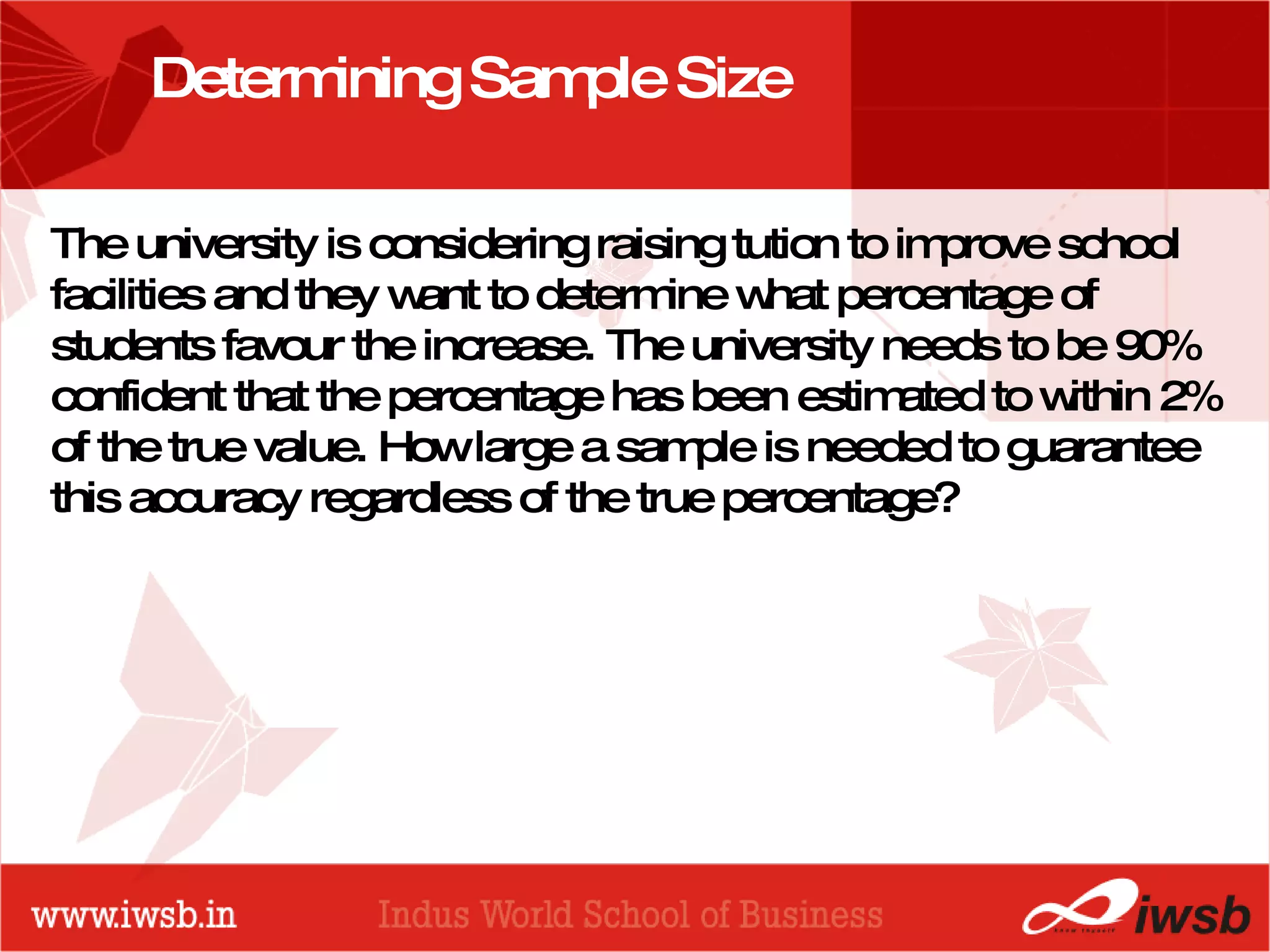 - the B-school Determining Sample Size The university is considering raising tution to improve school facilities and they want to determine what percentage of students favour the increase. The university needs to be 90% confident that the percentage has been estimated to within 2% of the true value. How large a sample is needed to guarantee this accuracy regardless of the true percentage?  
