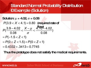 - the B-school Standard Normal Probability Distribution – Example (Solution) Solution:    = 4.02,    = 0.08 Thus the prototype does not satisfy the medical requirements. (required rate of flow) 