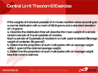 - the B-school Central Limit Theorem – Exercise  If the weights of individual packets of 2 minute noodles varies according to a normal distribution with a mean of 85.8 grams and a standard deviation of 1.9 grams a. Describe the distribution that will describe the mean weight of a simple random sample of 5 such packets of noodles. Such a sample of 5 packets of noodles in a multi- pack is labeled “average weight of contents: 85 grams” b. Determine the proportion of such multi-packs with an average weight within 1 gram of the claimed average weight. c. Determine the proportion of such multi-packs with an average weight less than what is claimed. 