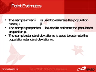 - the B-school Point Estimates The sample mean  is used to estimate the population mean µ. The sample proportion  is used to estimate the population proportion p. The sample standard deviation s is used to estimate the population standard deviation   . 