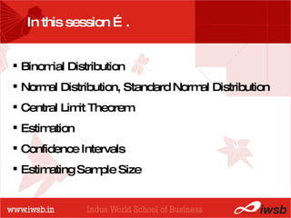 PROBABILITY DISTRIBUTIONS Binomial Distribution Normal Distribution, Standard Normal Distribution Central Limit Theorem Estimation Confidence Intervals Estimating Sample Size In this session ….  