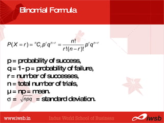 - the B-school Binomial Formula p = probability of success, q = 1- p = probability of failure, r = number of successes, n = total number of trials, µ = np = mean.     =  = standard deviation. 