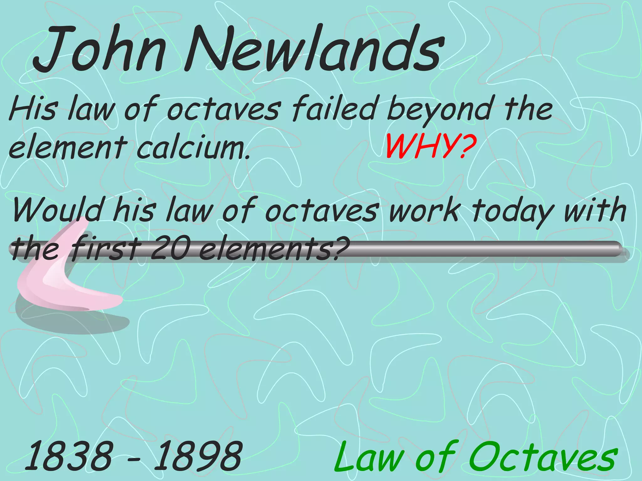 John Newlands 1838 - 1898 Law of Octaves His law of octaves failed beyond the element calcium. WHY? Would his law of octaves work today with the first 20 elements? 