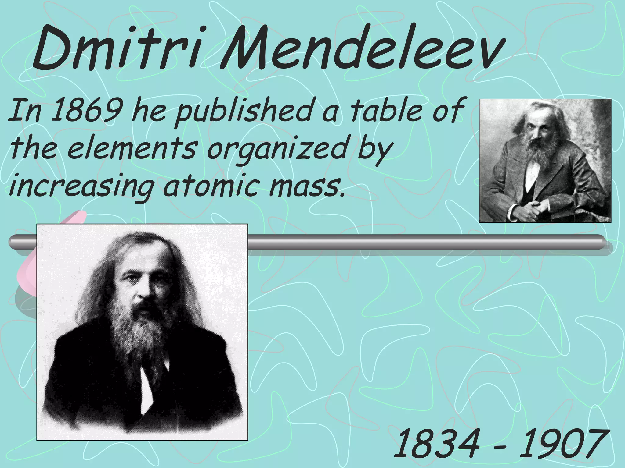 Dmitri Mendeleev 1834 - 1907 In 1869 he published a table of the elements organized by increasing atomic mass. 