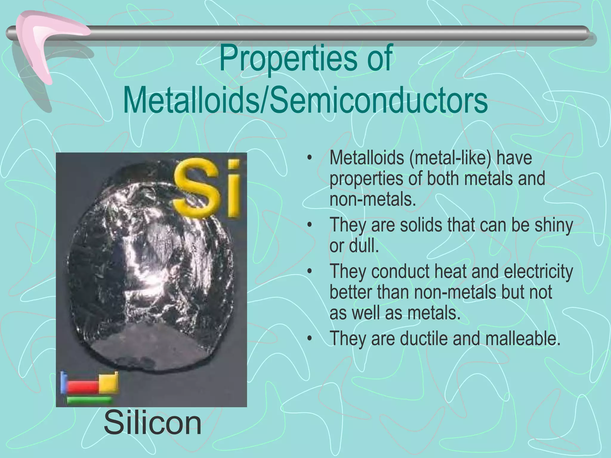 Properties of Metalloids/Semiconductors Metalloids (metal-like) have properties of both metals and non-metals. They are solids that can be shiny or dull. They conduct heat and electricity better than non-metals but not as well as metals. They are ductile and malleable. Silicon 