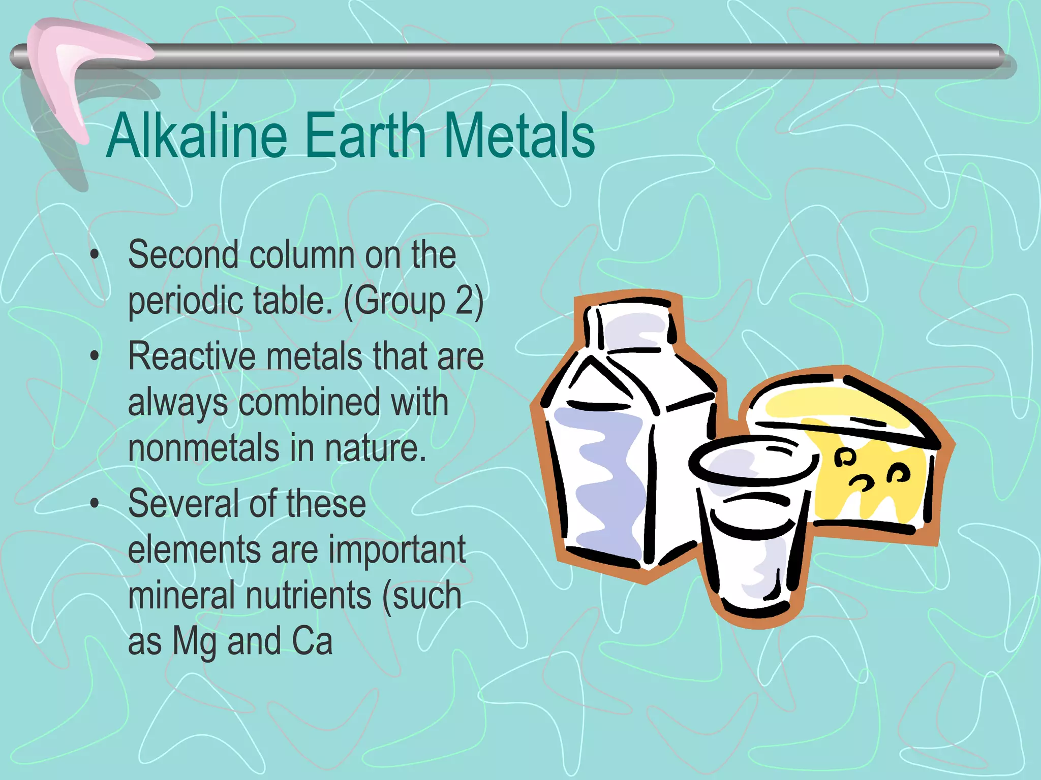 Alkaline Earth Metals Second column on the periodic table. (Group 2) Reactive metals that are always combined with nonmetals in nature. Several of these elements are important mineral nutrients (such as Mg and Ca 