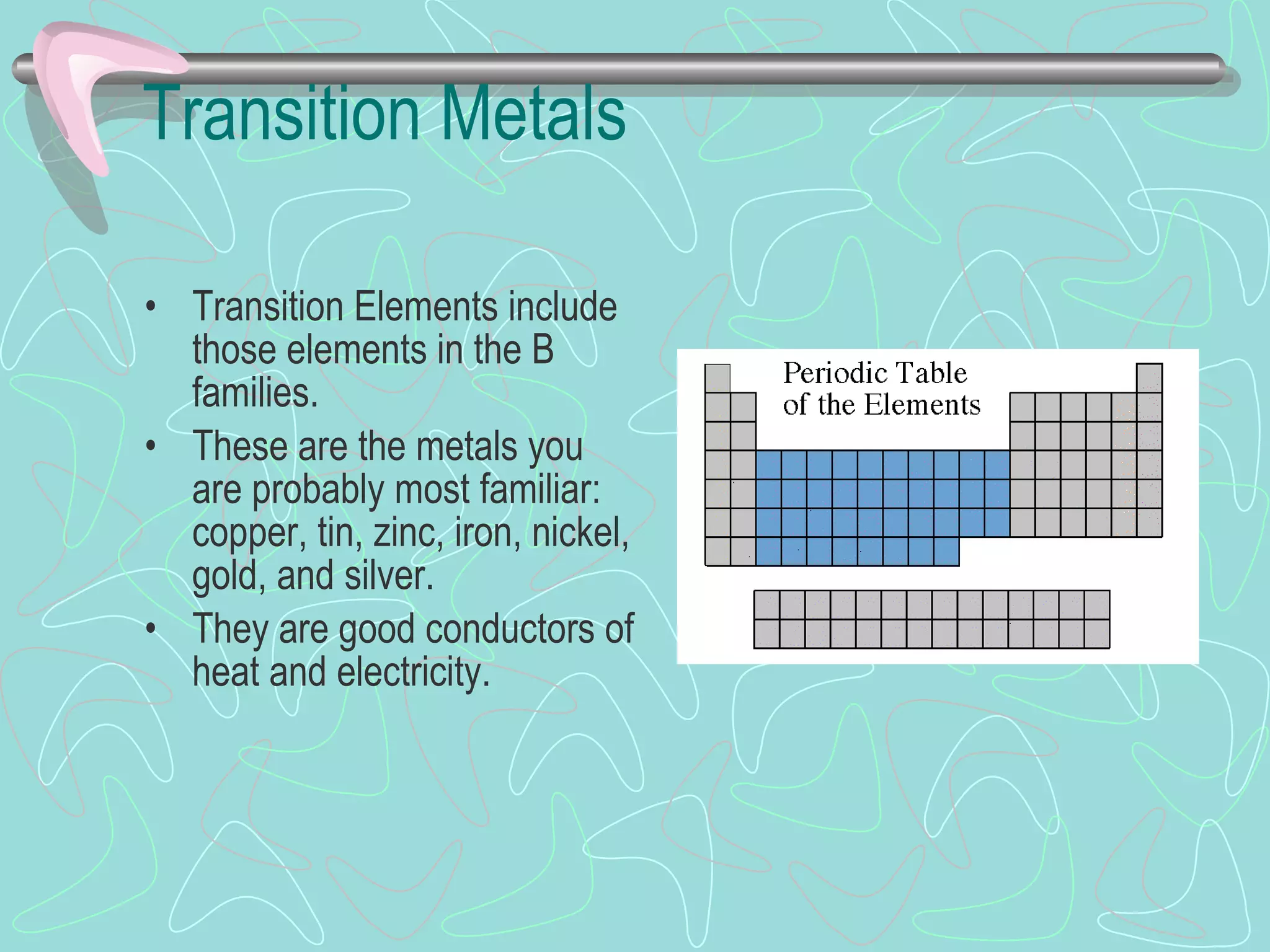 Transition Metals Transition Elements include those elements in the B families. These are the metals you are probably most familiar: copper, tin, zinc, iron, nickel, gold, and silver. They are good conductors of heat and electricity. 