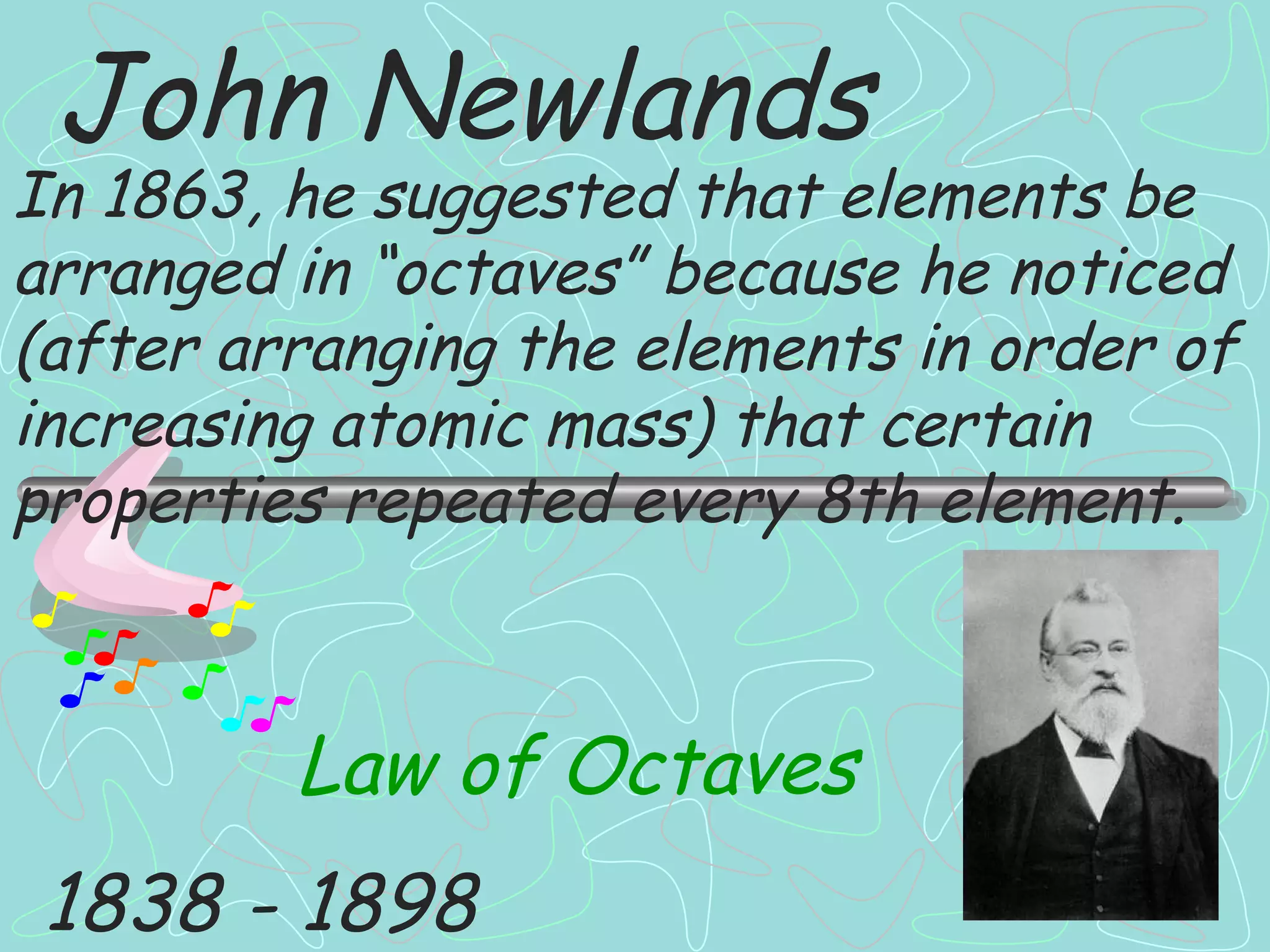 John Newlands 1838 - 1898 Law of Octaves In 1863, he suggested that elements be arranged in “octaves” because he noticed (after arranging the elements in order of increasing atomic mass) that certain properties repeated every 8th element. 