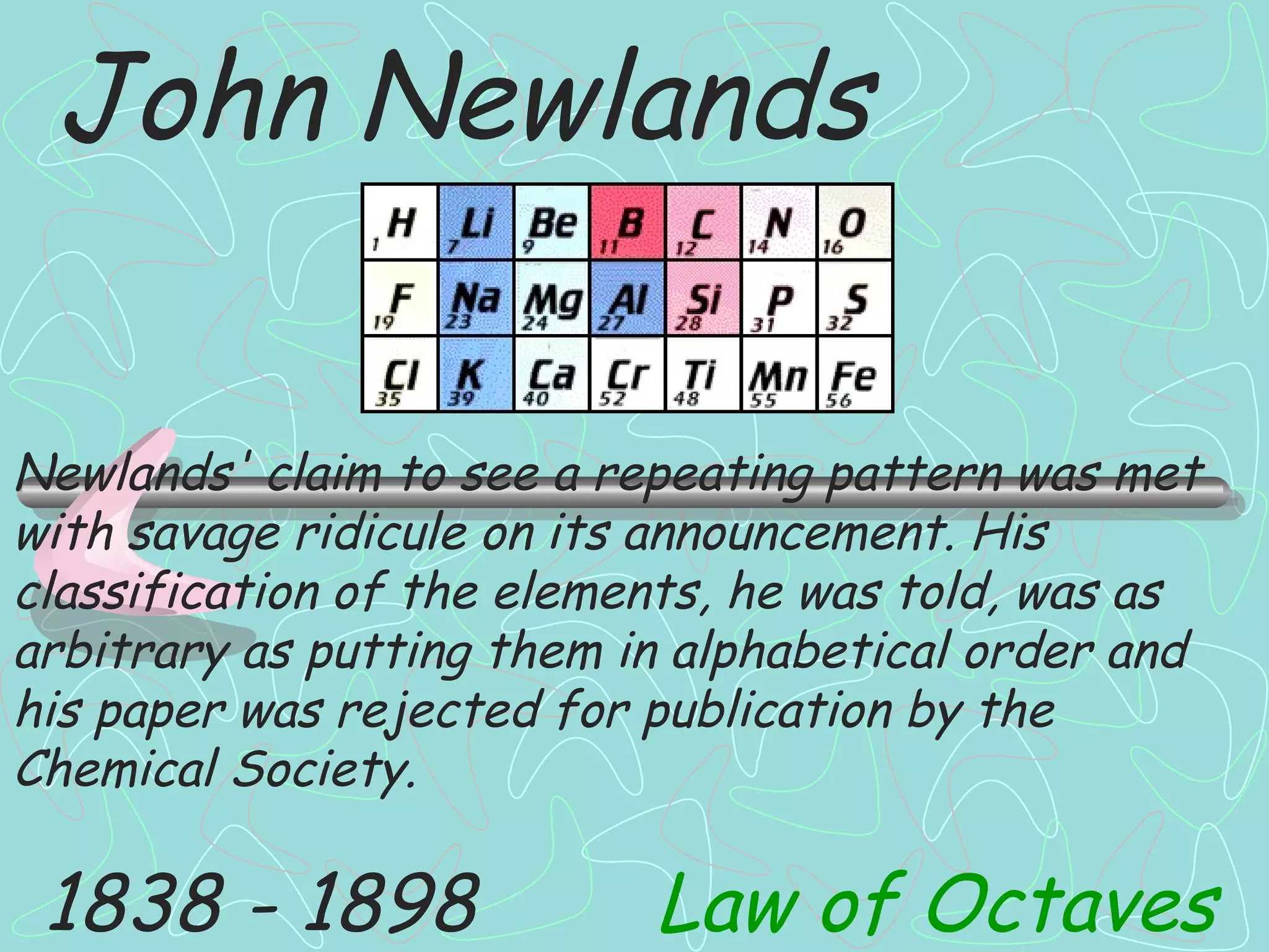 John Newlands 1838 - 1898 Law of Octaves Newlands' claim to see a repeating pattern was met with savage ridicule on its announcement. His classification of the elements, he was told, was as arbitrary as putting them in alphabetical order and his paper was rejected for publication by the Chemical Society. 