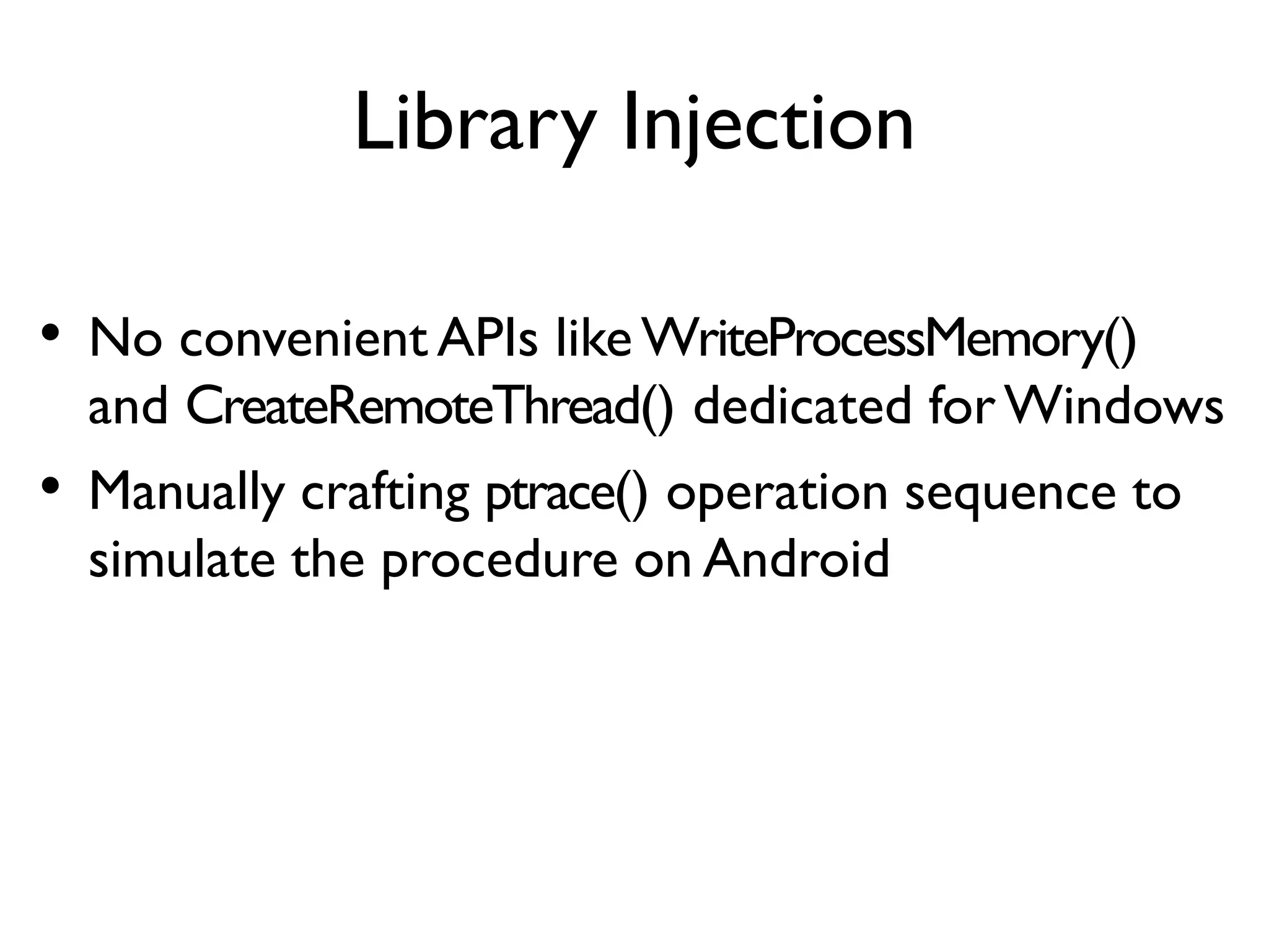 ProbeDroid Overview
Inject Engine Library
Launcher Run
Library Inited
Load Instrument Tool
Get Runtime Utilities
Hook Specified Methods
Method Entered
Call Pre-Method Gadget
Call Original Method
Call Post-Method Gadget
3. Play Music
2. Compose Gadget
1. Deploy Engine
1 & 2 Before App Execution
3 During App Execution
 