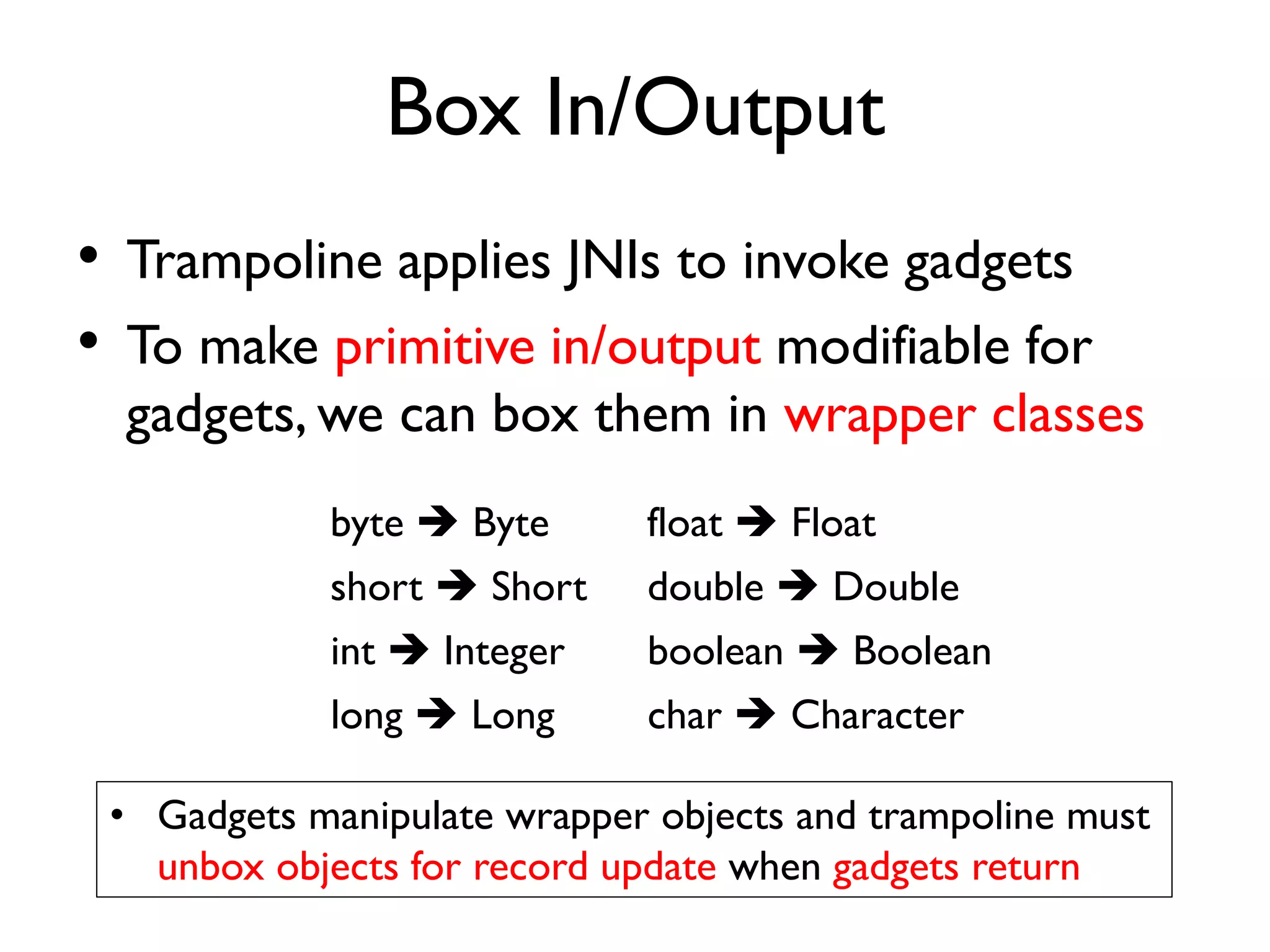 Calling Convention
Method Register  EAX
Entry Spill
1st Chunk  ECX
2nd Chunk  EDX
3rd Chunk  EBX
Others stored on stack
Return Register
Float and Double  XMM0
Long  EAX_EDX
Other types  EAX
Method Register  R0
Entry Spill
1st Chunk  R1
2nd Chunk  R2
3rd Chunk  R3
Others stored on stack
Return Register
Double and Long  R0_R1
Float  R0
Other types  R0
X86 ISA ARM ISA
• Defined in art/compiler/jni/quick/.* source files
• Trampoline must follow the conventions defined on different ISAs
 