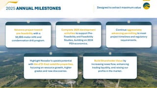 2025 ANNUAL MILESTONES
Build Shareholder Value by
increasing news flow, enhancing
trading liquidity, and raising our
profile in the market.
Continue aggressively
advancing permitting to meet
project timelines and regulatory
requirements.
Complete 2025 development
activities to support Pre-
Feasibility and Feasibility
Studies, building on 2024
PEA economics.
Advance project toward
pre-feasibility with a
50,000-meter infill and
condemnation drill program.
Highlight Novador’s upside potential
with Val-d’Or East satellite properties,
focusing on resource growth, higher
grades and new discoveries.
11
Designed to extract maximum value
 