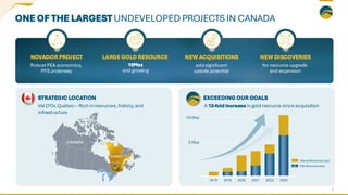 NOVADOR PROJECT
Robust PEA economics,
PFS underway
LARGE GOLD RESOURCE
10Moz
and growing
NEW ACQUISITIONS
add significant
upside potential
NEW DISCOVERIES
for resource upgrade
and expansion
EXCEEDING OUR GOALS
A 13-fold increase in gold resource since acquisition
Inferred Resources (koz)
M&I Resources (koz)
ONE OF THE LARGEST UNDEVELOPED PROJECTS IN CANADA
3
STRATEGIC LOCATION
Val D’Or, Québec – Rich inresources, history, and
infrastructure
 