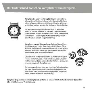 Kapitel14
Wir nennen den hier dargestellten historischen Verlauf die Taylor-Wanne.
Das Industriezeitalter bescherte uns eine kurze Periode schnell wachsen-
der, weiter Massenmärkte mit wenig intensivem Wettbewerb. Monopole
und Oligopole dominierten. Märkte waren träge. Während dieser Periode
entwickelte sich Alpha zum Standardmodell der Unternehmensführung:
Zum ersten Mal in der Menschheitsgeschichte war es möglich, Komple-
xität mit der Hilfe von Maschinen und Standards weitgehend aus der
Wertschöpfung zu verdrängen. Für diese Aufgabe war Taylorismus, oder
Management, die perfekte Lösung.
Vorbei! Bereits in den 1970er Jahren kehrten hohe Dynamik und Komplexi-
tät in den meisten Organisationen in die Wertschöpfung zurück, verur-
sacht durch die Entstehung globaler, stark Wettbewerbs-intensiver Märkte
und die Wiederkehr individualisierter Kundennachfrage, die „Kustomisie-
rung“ notwendig machte und so „Massen-Kustomisierung“ hervorbrachte.
Hoch-dynamische Wertschöpfung wiederum bedarf eines erhöhten Ein-
satzes menschlicher Fähigkeiten in Problemlösungs-Prozessen.
Alpha wurde so zu einem Hindernis. Taylorismus/Management wurde zu
einem Irrtum.
Die historische Entwicklung
der Marktdynamik und der aktuelle Anstieg
der Komplexität in Wertschöpfung
* Die Begriffe Dynamik und Komplexität verwenden wir in diesem Buch – der Einfachheit halber – weitgehend synonym.
 
