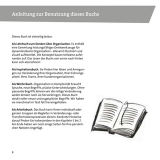 8
Anleitung zur Benutzung dieses Buchs
Dieses Buch ist vielseitig lesbar.
Als Lehrbuch zum Denken über Organisation. Es enthält
eine Sammlung leistungsfähiger Denkwerkzeuge für
dynamikrobuste Organisation - allesamt illustriert und
visuell aufbereitet. Die Konzepte bauen teilweise aufei-
nander auf: Das Lesen des Buchs von vorne nach hinten
kann sich also lohnen!
Als Inspirationsbuch. Sie finden hier Ideen und Anregun-
gen zur Veränderung Ihrer Organisation. Ihrer Führungs-
arbeit. Ihres Teams. Ihrer Kundenorganisationen.
Als Wörterbuch. Organisation in Komplexität braucht
Sprache, neue Begriffe, präzise Unterscheidungen. Ohne
passende Begriffe können wir die nötige Veränderung
weder denken, noch sie hervorbringen. Dieses Buch
steckt voller frischer und zugespitzter Begriffe. Ich habe
sie manchmal im Text fett hervorgehoben.
Als Arbeitsbuch. Das Buch kann Ihnen individuell oder
ganzen Gruppen als Begleiter in Veränderungs- oder
Transformationsprozessen dienen. Konkrete Hinweise
darauf finden Sie insbesondere in den Kapiteln 5 bis 7.
Auf den meisten Seiten findet sich außerdem Platz für
Ihre persönlichen Notizen.
Lernen Sie, am System zu arbeiten, statt im System
und an Symptomen.
 