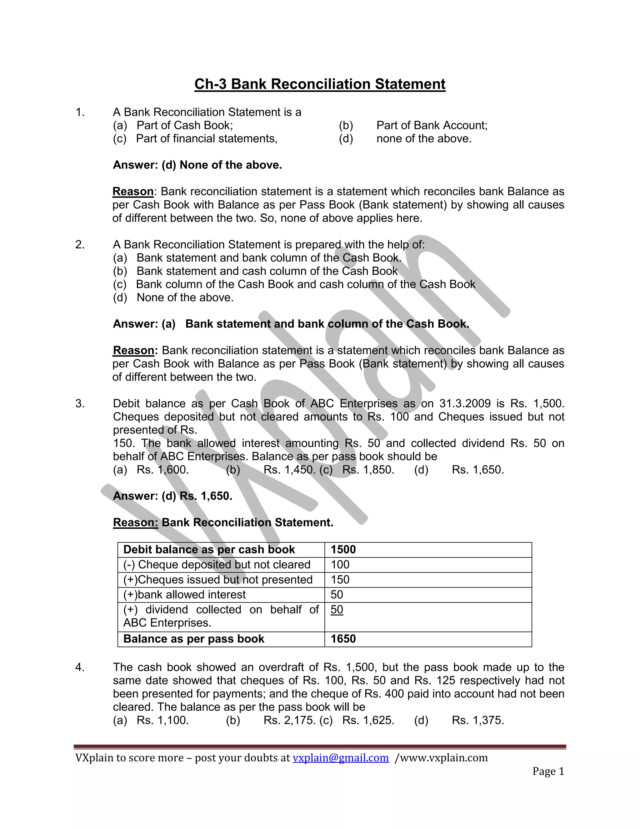 CACPT Accounts Imp MCQs Bank Reconcilation Statement PDF