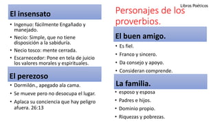 Personajes de los
proverbios.
El insensato
• Ingenuo: fácilmente Engañado y
manejado.
• Necio: Simple, que no tiene
disposición a la sabiduría.
• Necio tosco: mente cerrada.
• Escarnecedor: Pone en tela de juicio
los valores morales y espirituales.
El perezoso
• Dormilón., apegado ala cama.
• Se mueve pero no desocupa el lugar.
• Aplaca su conciencia que hay peligro
afuera. 26:13
El buen amigo.
• Es fiel.
• Franco y sincero.
• Da consejo y apoyo.
• Consideran comprende.
La familia.
• esposo y esposa
• Padres e hijos.
• Dominio propio.
• Riquezas y pobrezas.
Libros Poéticos
 