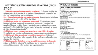 Proverbios sobre asuntos diversos (caps.
27-29)
27:14A quien de madrugada bendice en alta voz. El Talmud prohíbe los
saludos antes de la oración de la mañana. Sin embargo la expresión "en
alta voz" puede indicar que es insincero.
28: 1 Huye el malvado sin que nadie lo persiga. Su conciencia le infunde
temor (véase 28:17; Lv 26: 17,36; SaI1l8:6).
28:13 El que oculta sus pecados no prosperará. El proverbista, tanto
como el salmista, muestra la necesidad de reconocer y confesar los
pecados. Nótense el dolor físico y sicológico que producen los pecados
ocultos (Pr3:7-8; 8aI32:3). Por otra parte, "el que los confiesa y se aparta
de ellos alcanzará misericordia".
28:20 El que quiere enriquecerse de prisa no estará libre de culpa.
Es probable que emplee medios dudosos para enriquecerse rápidamente.
29:18 Cuando falta la profecfa, el pueblo se desenfrena ("visiones“
"revelación"). Se refiere a los mensajes de los profetas proclamados bajo
el poder del Espíritu.
29:24 El cómplice del ladrón ... oye la maldición pero no le denuncia
(véase Lv 5: 1). Se refiere a "la maldición que se pronuncia contra el
criminal desconocido o los testigos que siguen ocultos.
Libros Poéticos
 