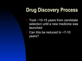 Drug Discovery Process Took ~10-15 years from candidate selection until a new medicine was launched Can this be reduced to ~7-10 years? 