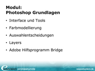 Modul:  Photoshop Grundlagen <ul><li>Interface und Tools </li></ul><ul><li>Farbmodellierung </li></ul><ul><li>Auswahlentsc...