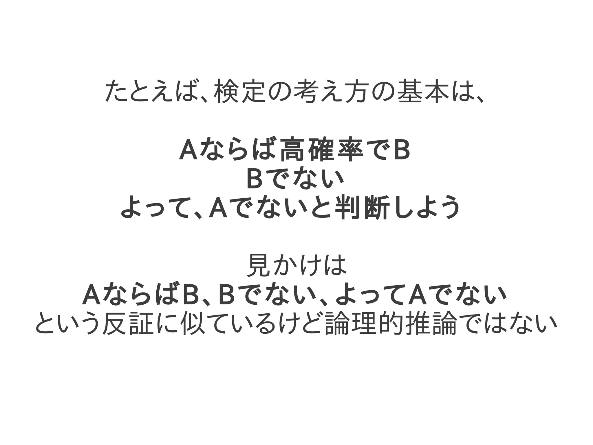たとえば、検定の考え方の基本は、

     Aならば高確率でB
         Bでない
   よって、Aでないと判断しよう

         見かけは
  AならばB、Bでない、よってAでない
という反証に似ているけど論理的推論ではない
 