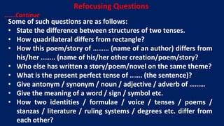 Some of such questions are as follows:
• State the difference between structures of two tenses.
• How quadrilateral differs from rectangle?
• How this poem/story of ……… (name of an author) differs from
his/her …….. (name of his/her other creation/poem/story?
• Who else has written a story/poem/novel on the same theme?
• What is the present perfect tense of ……. (the sentence)?
• Give antonym / synonym / noun / adjective / adverb of ………
• Give the meaning of a word / sign / symbol etc.
• How two identities / formulae / voice / tenses / poems /
stanzas / literature / ruling systems / degrees etc. differ from
each other?
Refocusing Questions
…….Continue
 